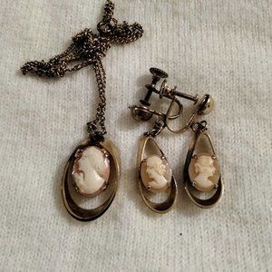 Antique Cameo Screwback Earrings and Necklace Set